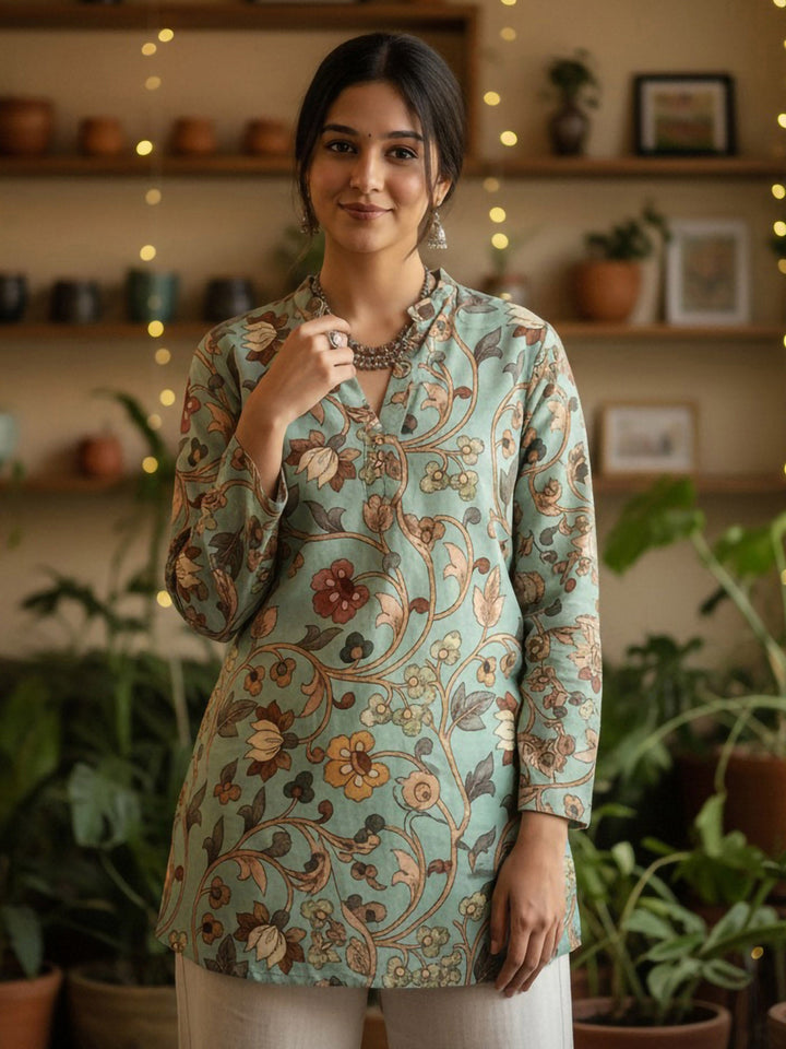 Green Cotton Blend Printed Kurta