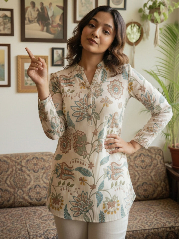 Cream Cotton Blend Printed Kurta