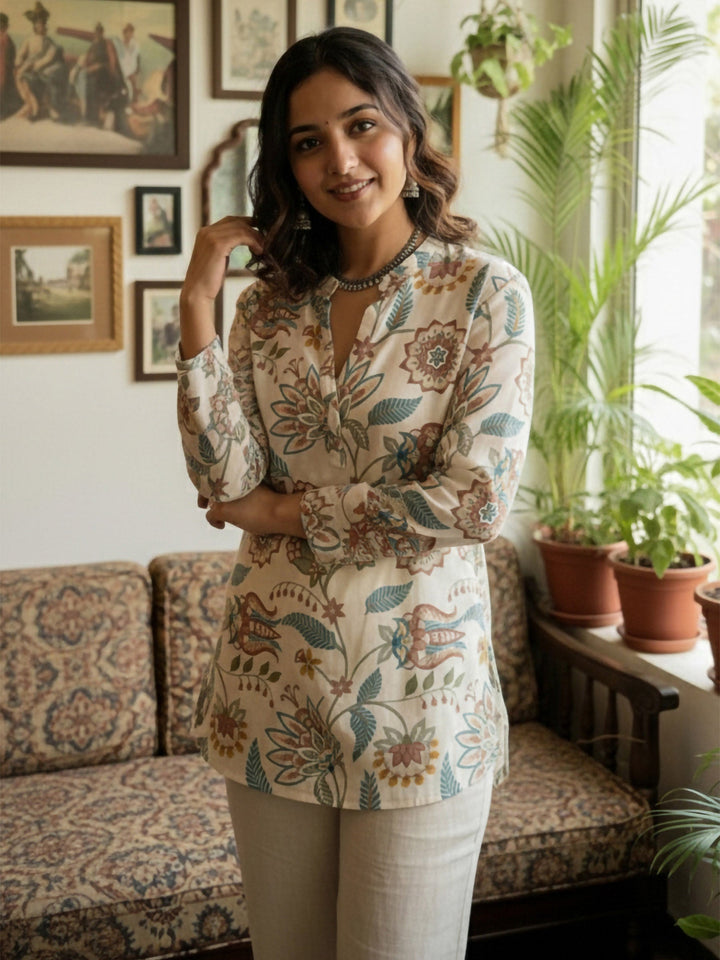 Cream Cotton Blend Printed Kurta