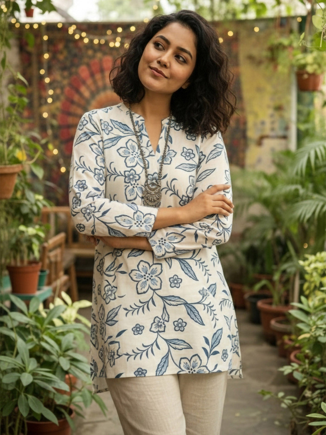 Blue Cotton Blend Printed Kurta