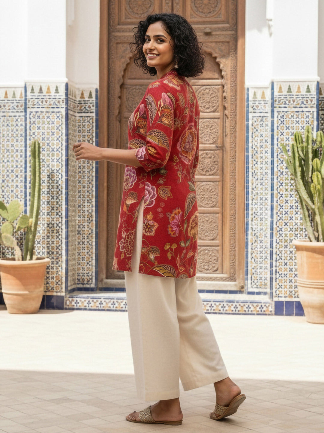 Red Cotton Blend Printed Kurta