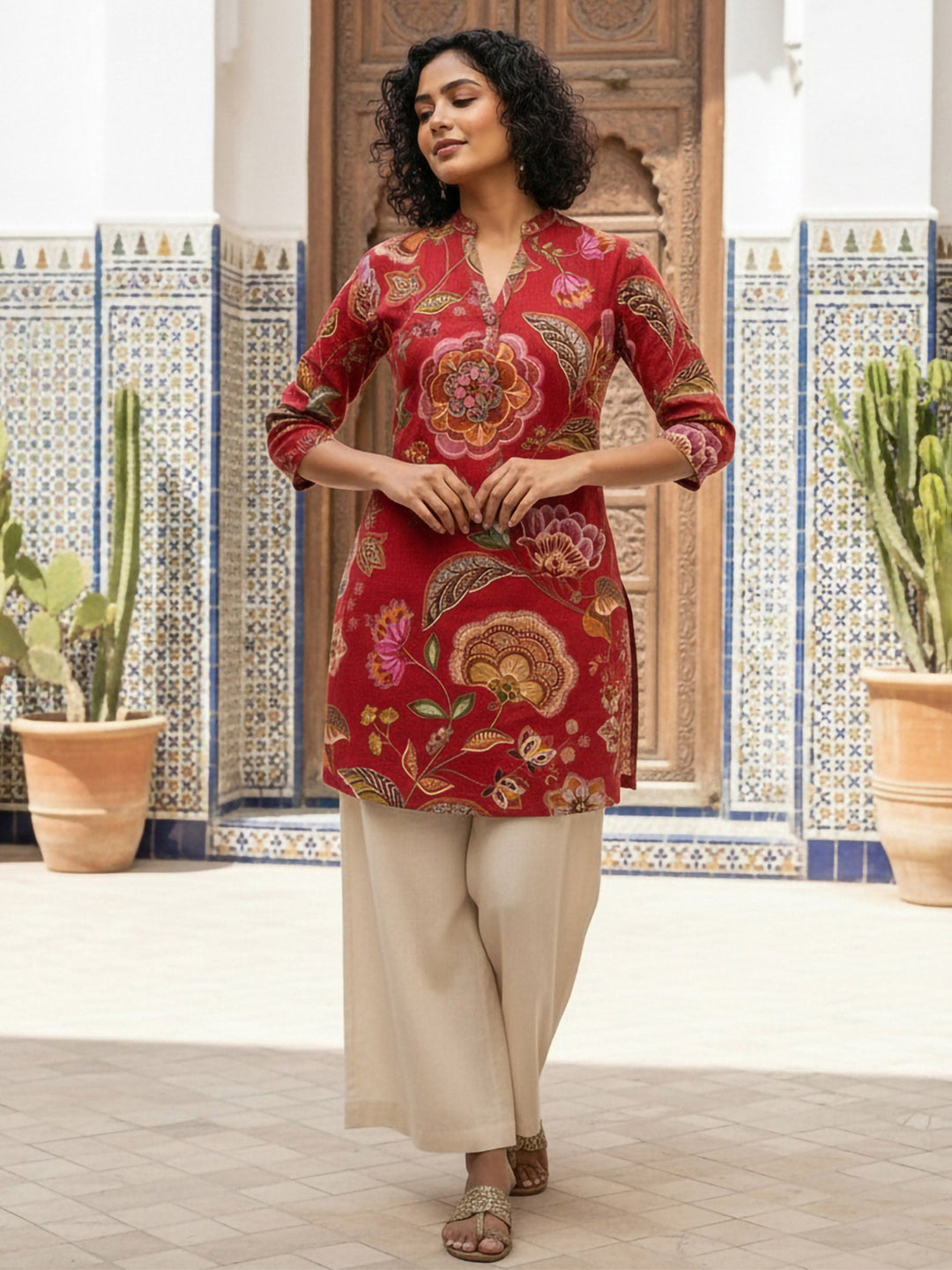 Red Cotton Blend Printed Kurta