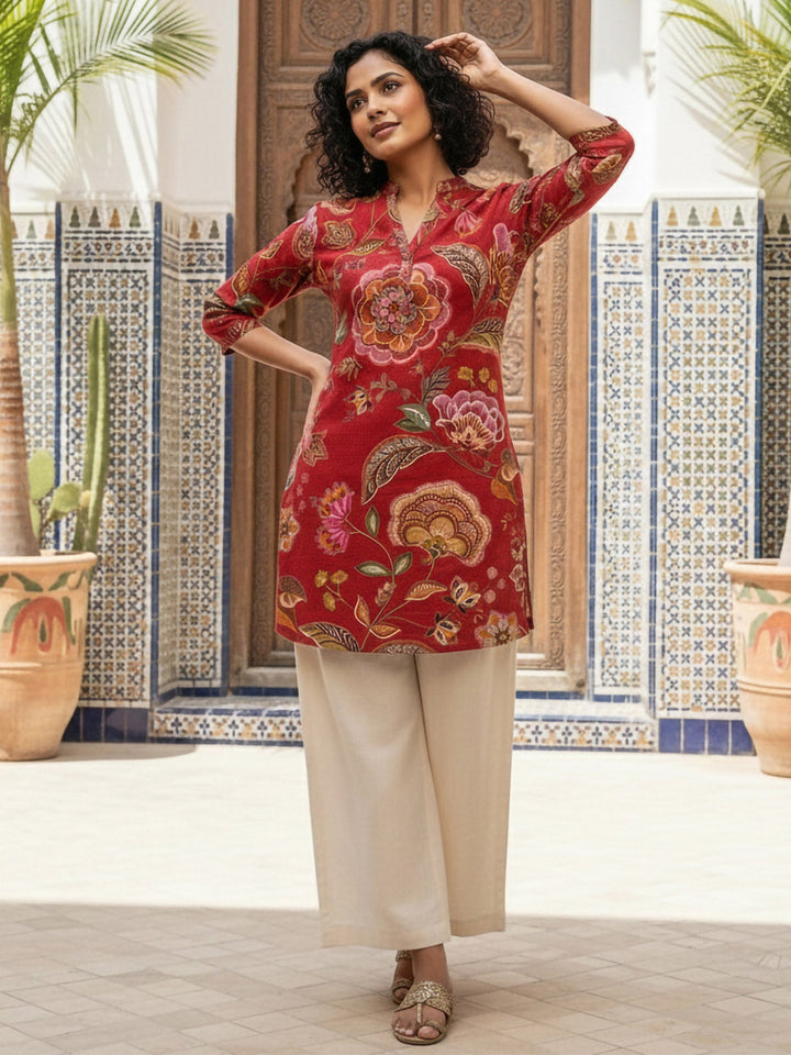 Red Cotton Blend Printed Kurta