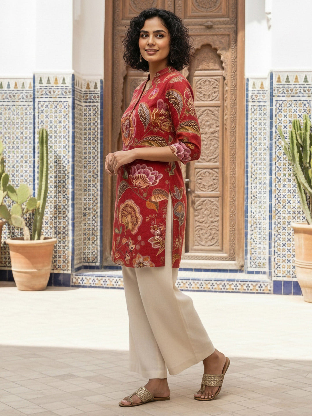 Red Cotton Blend Printed Kurta