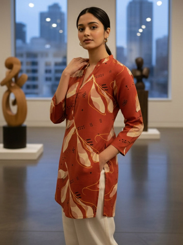 Rust Cotton Blend Printed Kurta
