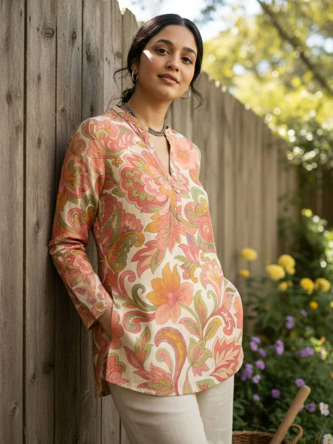 Orange Cotton Blend Printed Kurta