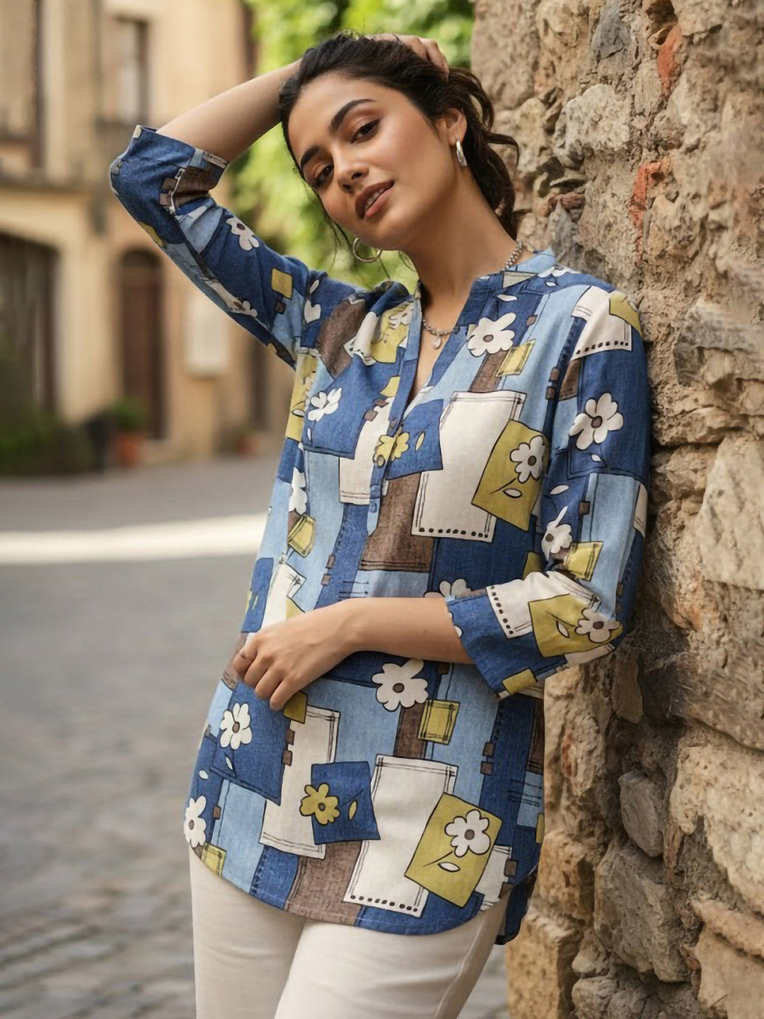 Blue Cotton Blend Printed Kurta