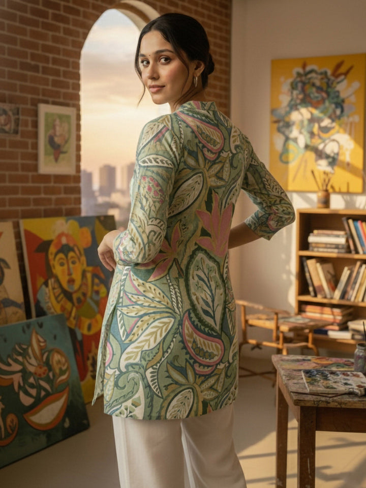 Green Cotton Blend Printed Kurta