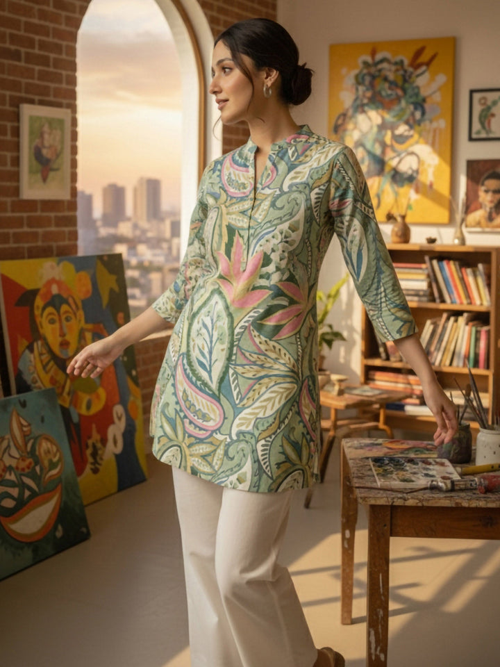 Green Cotton Blend Printed Kurta