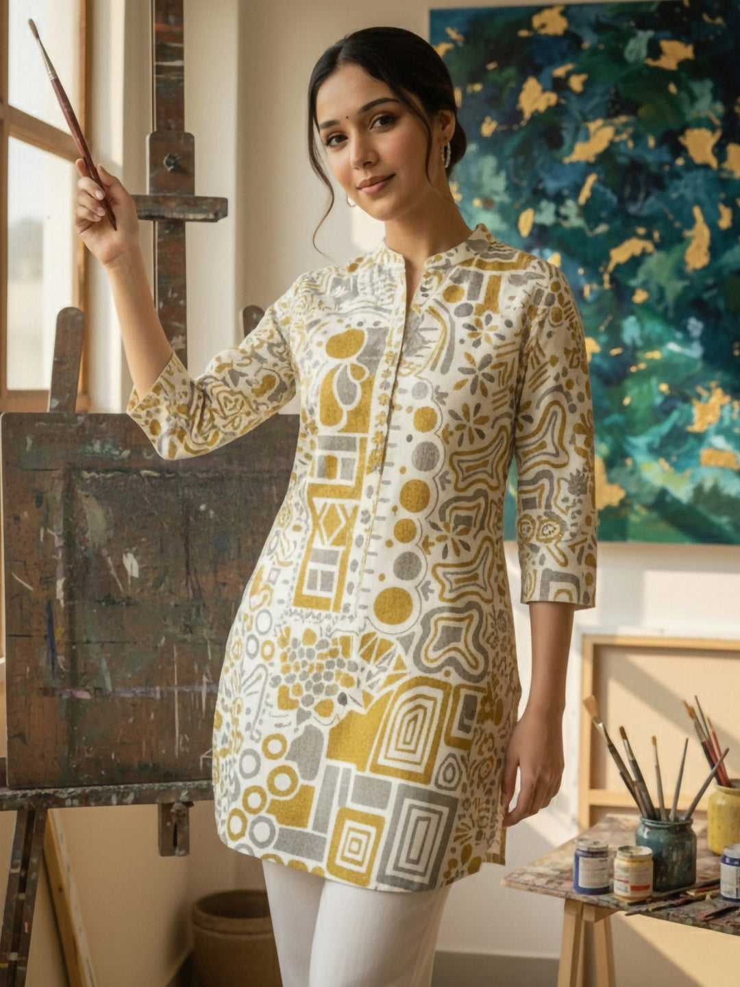 Yellow Cotton Blend Printed Kurta