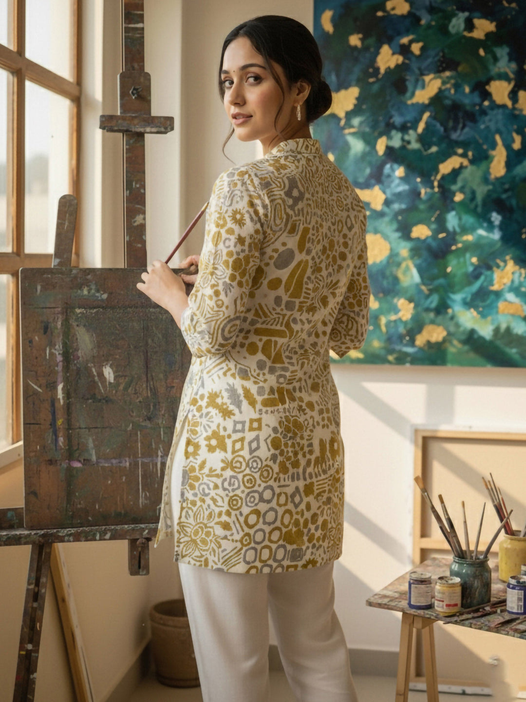 Yellow Cotton Blend Printed Kurta