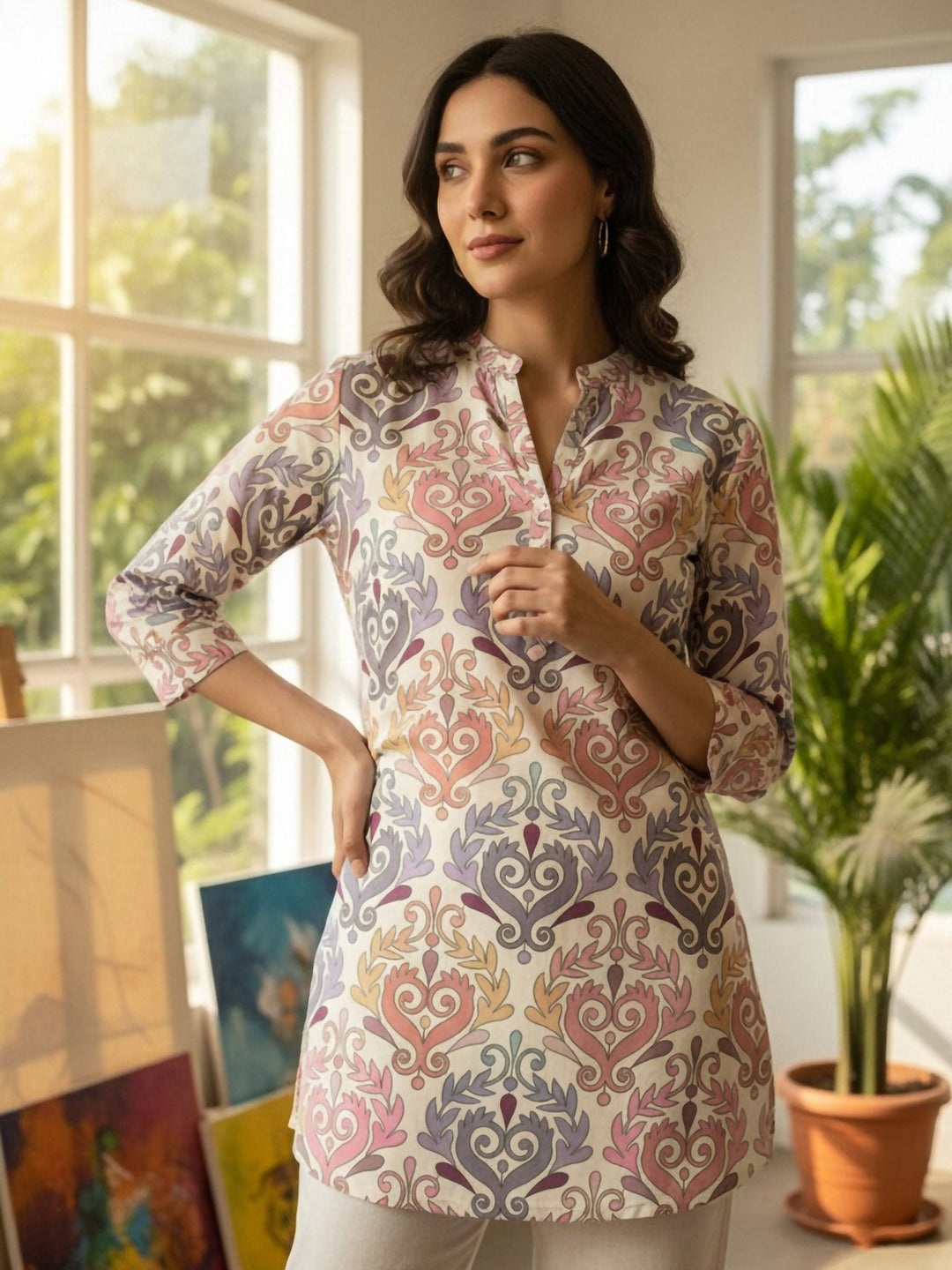 Pink Cotton Blend Printed Kurta
