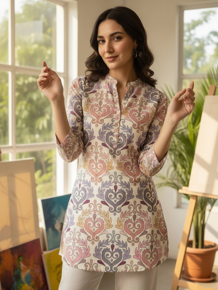 Pink Cotton Blend Printed Kurta