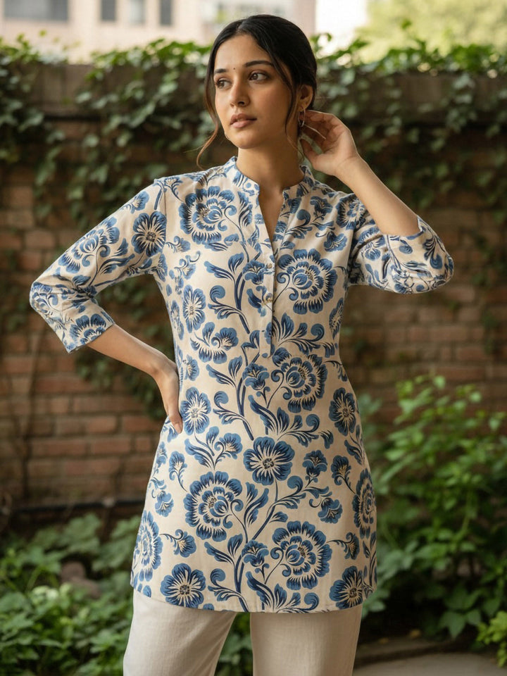 Blue Cotton Blend Printed Kurta