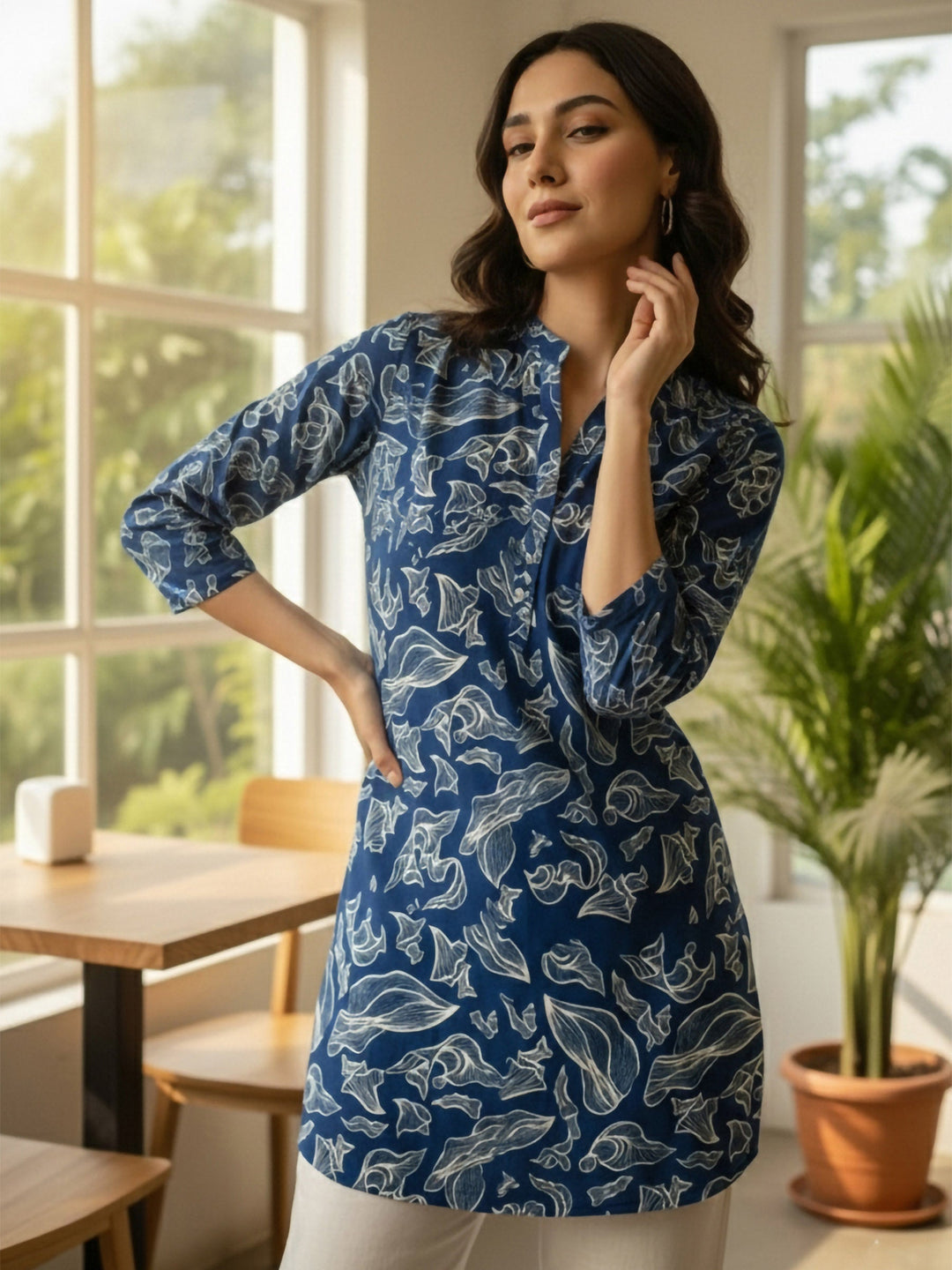 Blue Cotton Blend Printed Kurta