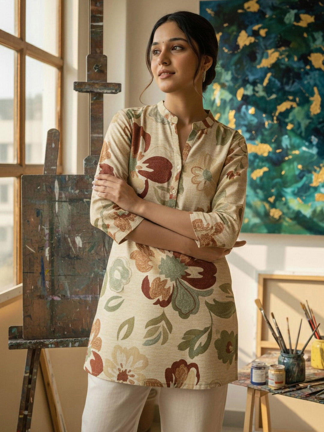 Cream Cotton Blend Printed Kurta
