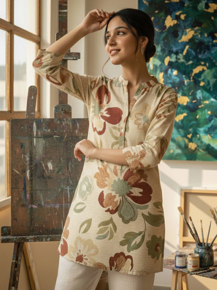 Cream Cotton Blend Printed Kurta