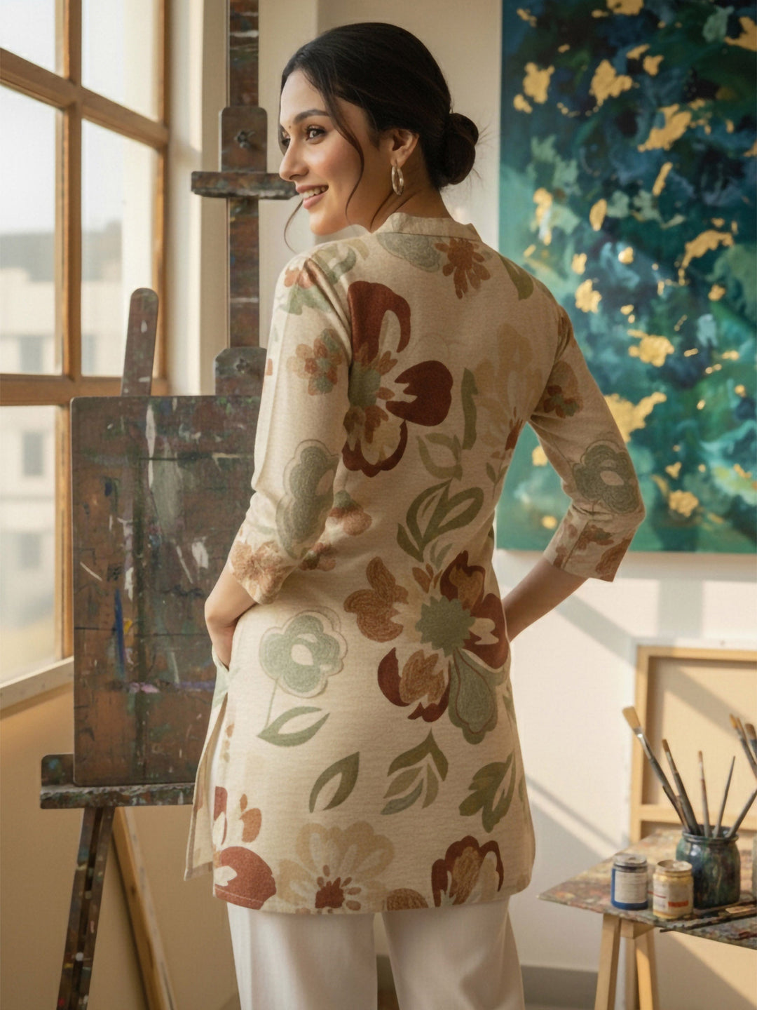 Cream Cotton Blend Printed Kurta