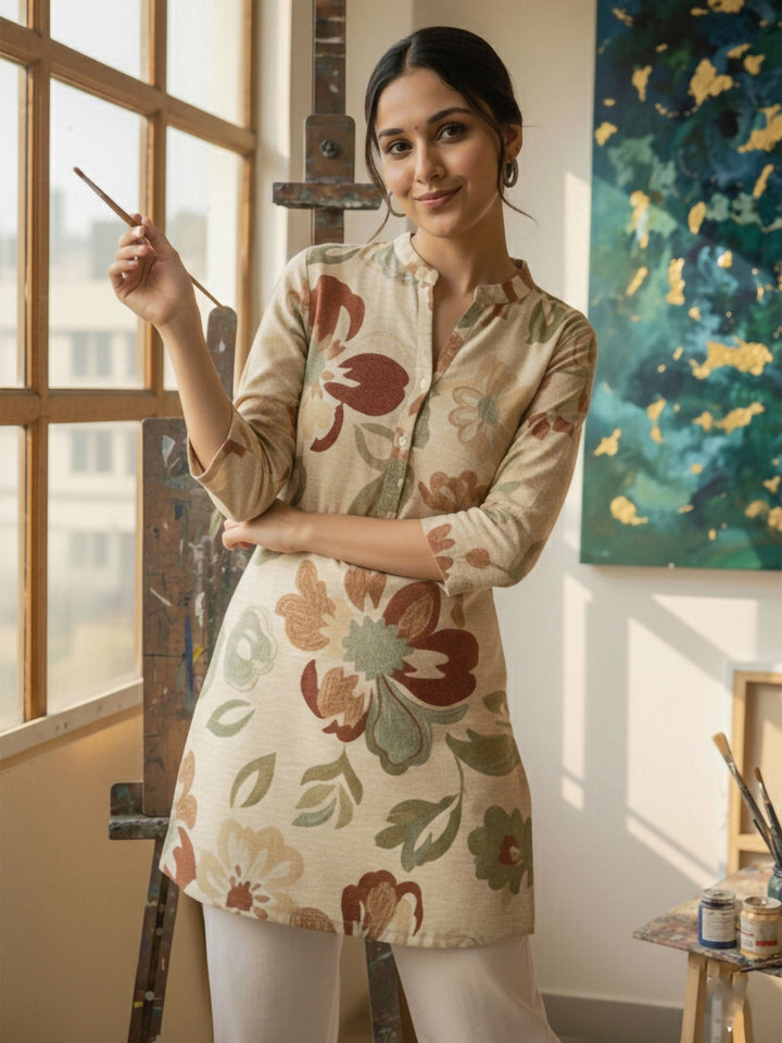 Cream Cotton Blend Printed Kurta
