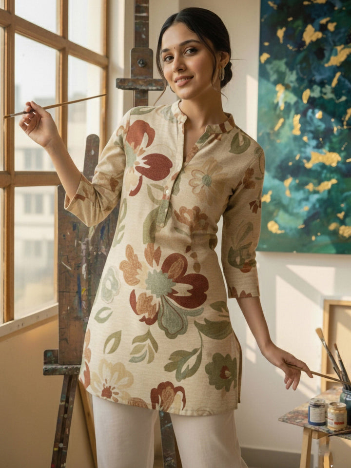 Cream Cotton Blend Printed Kurta