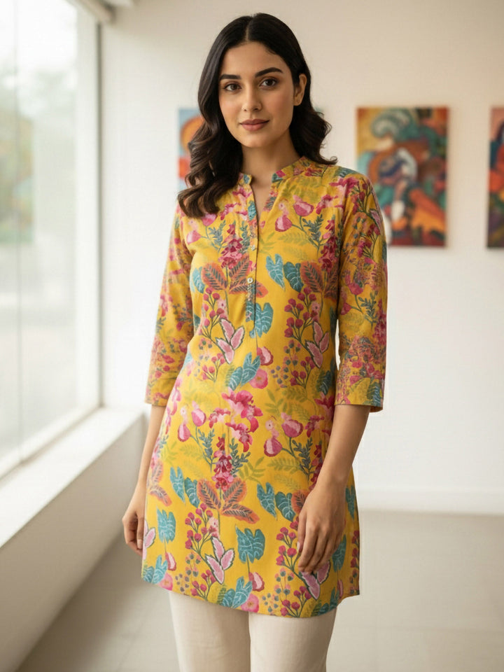 Yellow Cotton Blend Printed Kurta