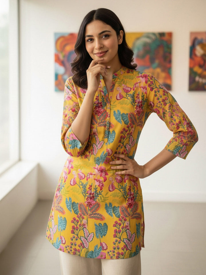 Yellow Cotton Blend Printed Kurta