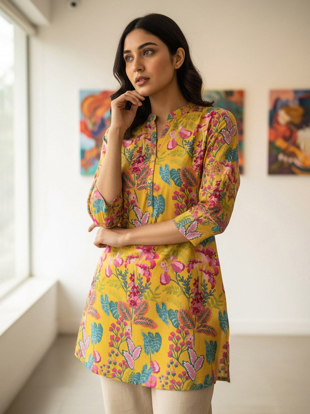 Yellow Cotton Blend Printed Kurta