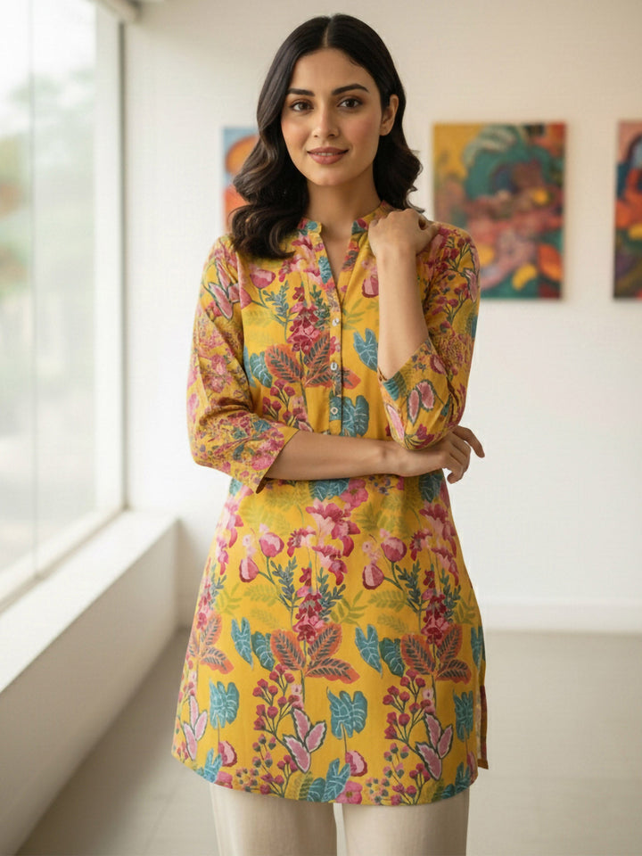 Yellow Cotton Blend Printed Kurta