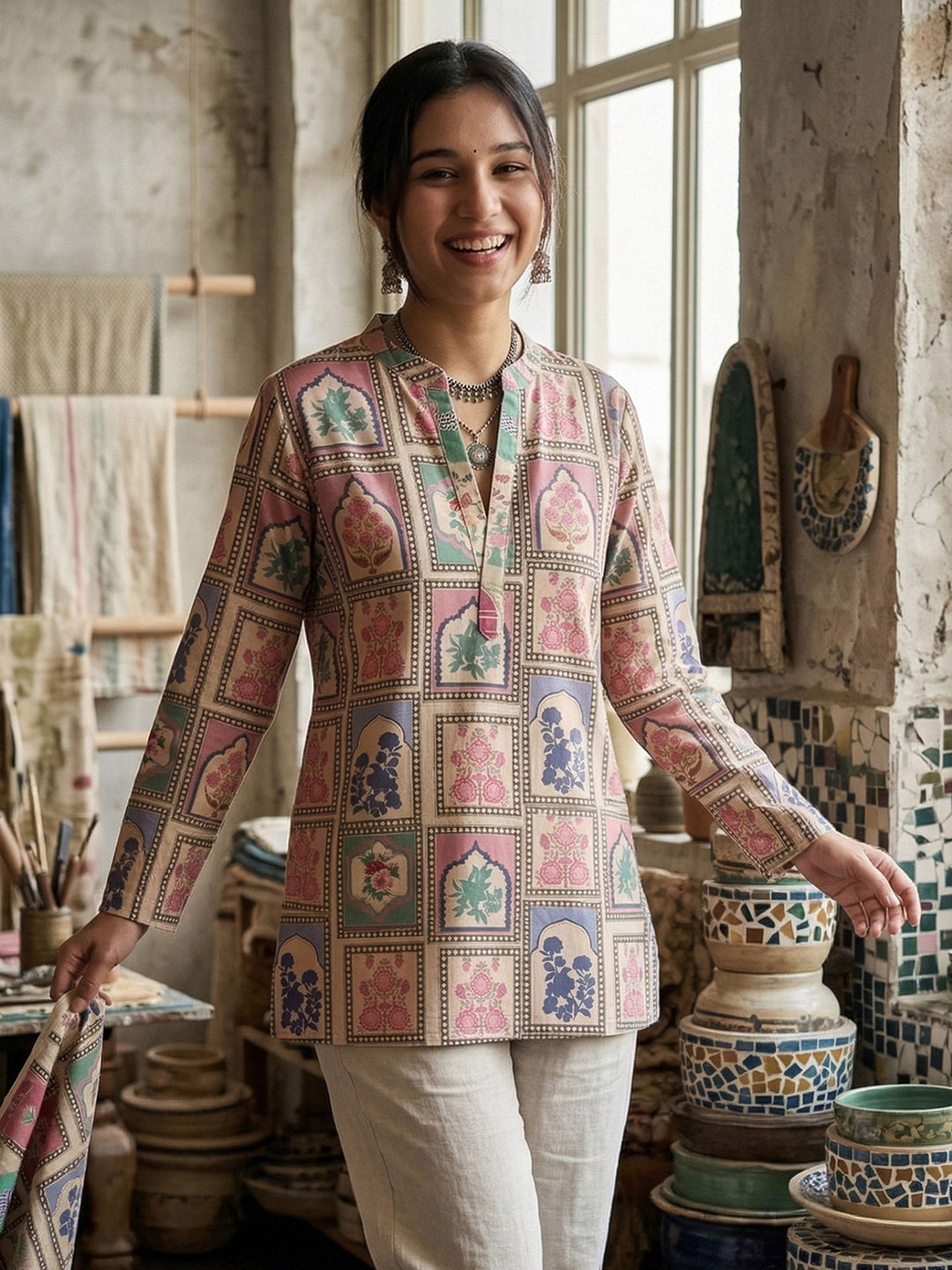 Blue Cotton Blend Printed Kurta