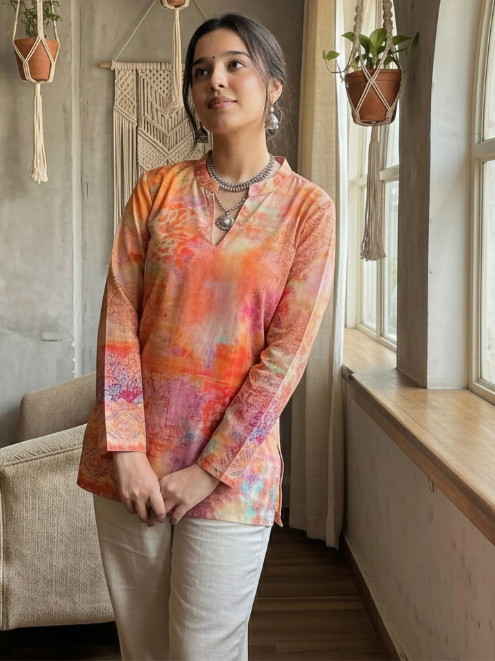 Orange Cotton Blend Printed Kurta