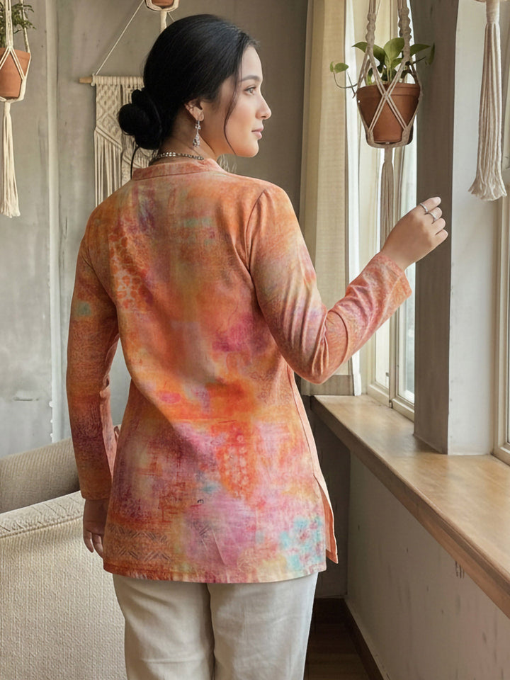 Orange Cotton Blend Printed Kurta