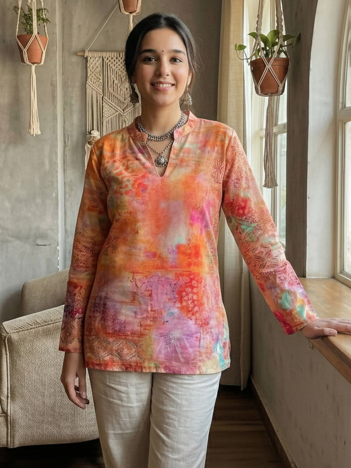 Orange Cotton Blend Printed Kurta