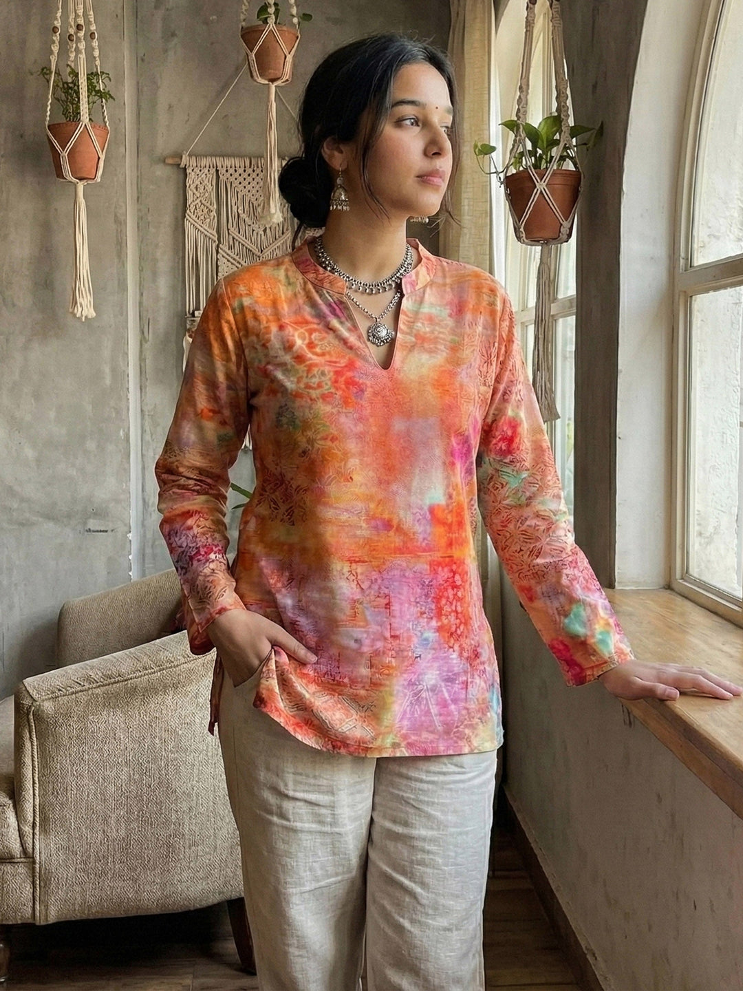 Orange Cotton Blend Printed Kurta