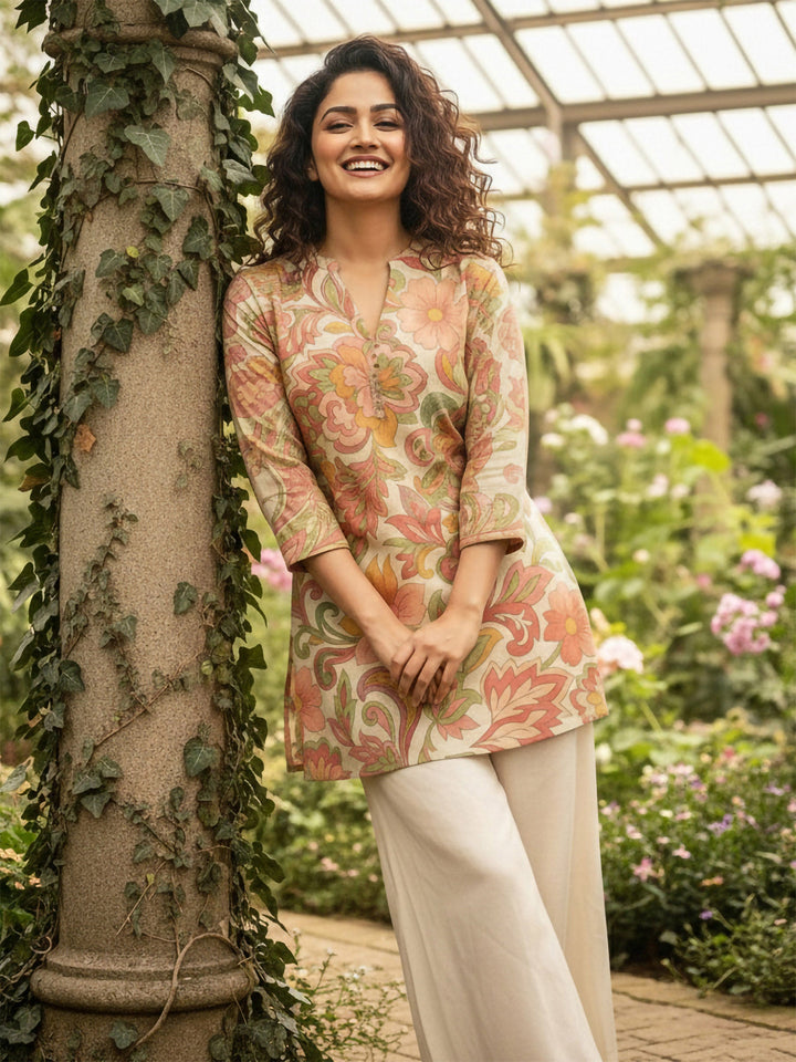 Orange Cotton Blend Printed Kurta