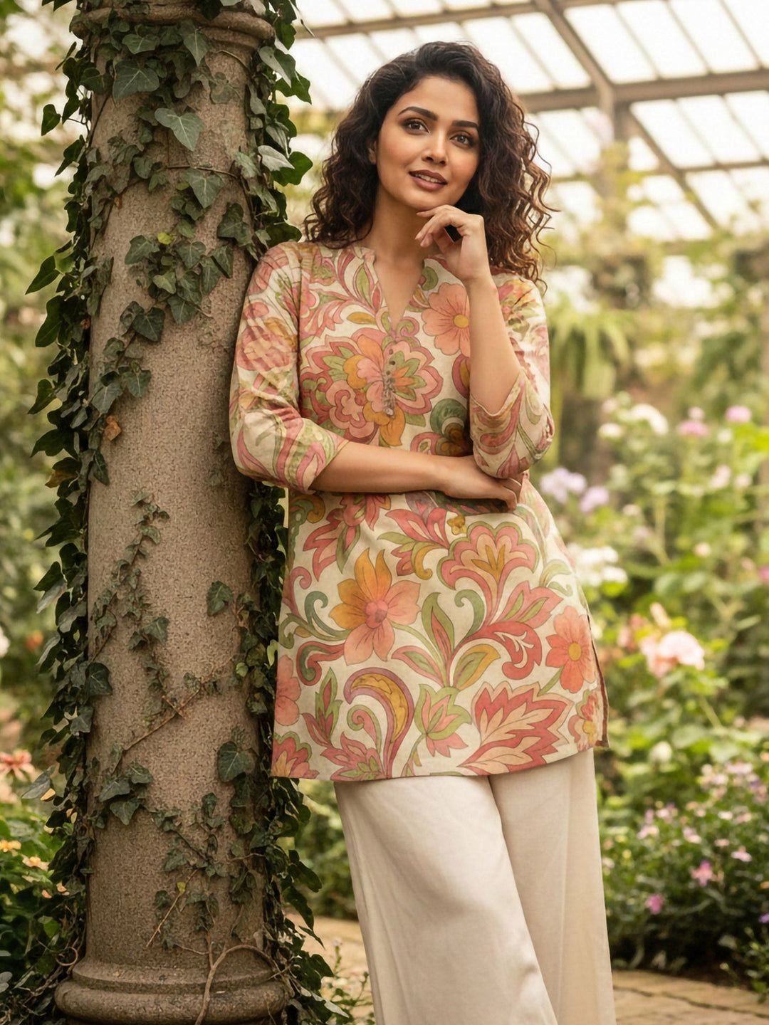 Orange Cotton Blend Printed Kurta