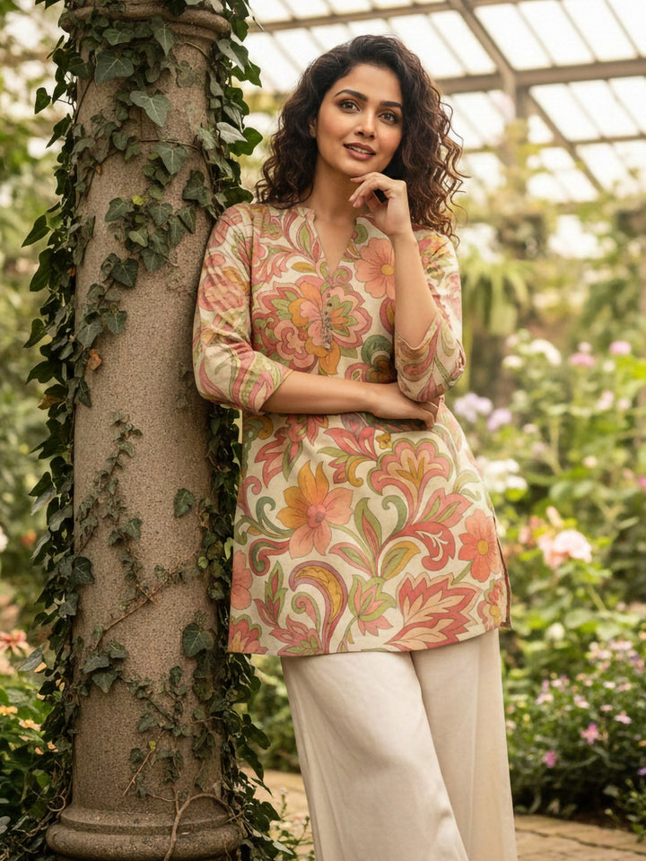 Orange Cotton Blend Printed Kurta
