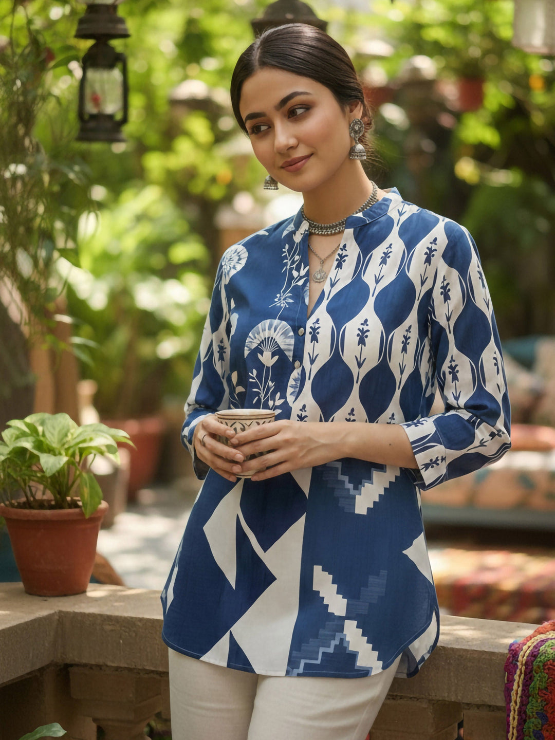 Blue Cotton Blend Printed Kurta