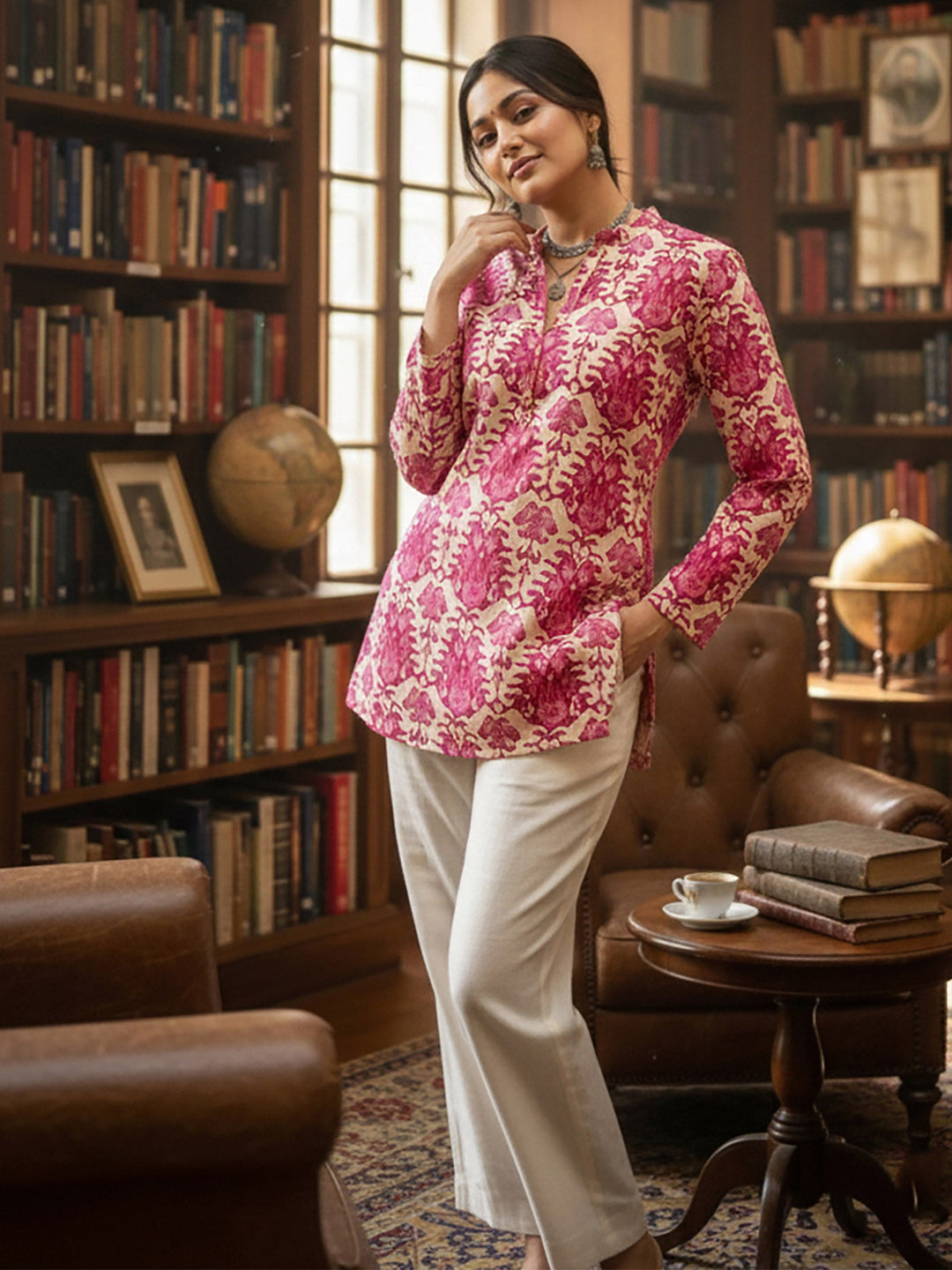 Pink Cotton Blend Printed Kurta