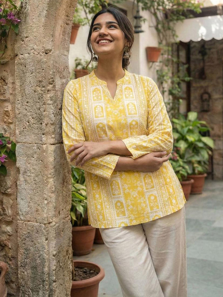 Yellow Cotton Blend Printed Kurta