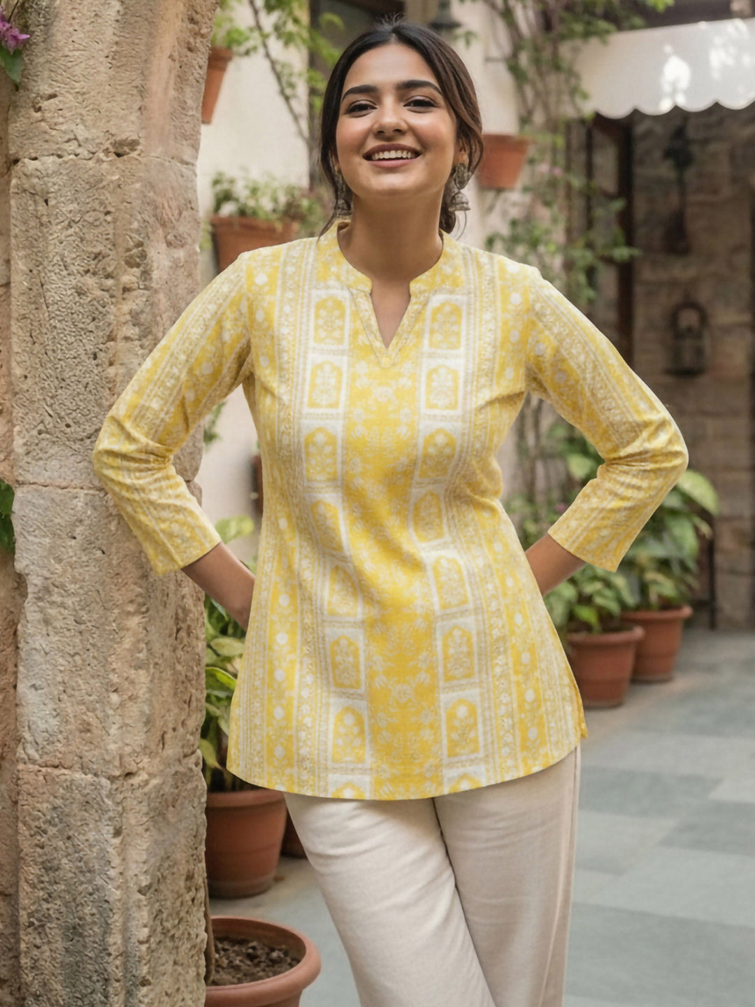 Yellow Cotton Blend Printed Kurta
