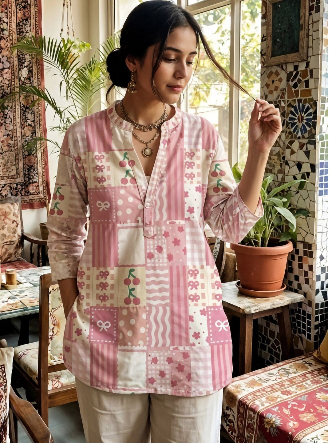 Pink Cotton Blend Printed Kurta