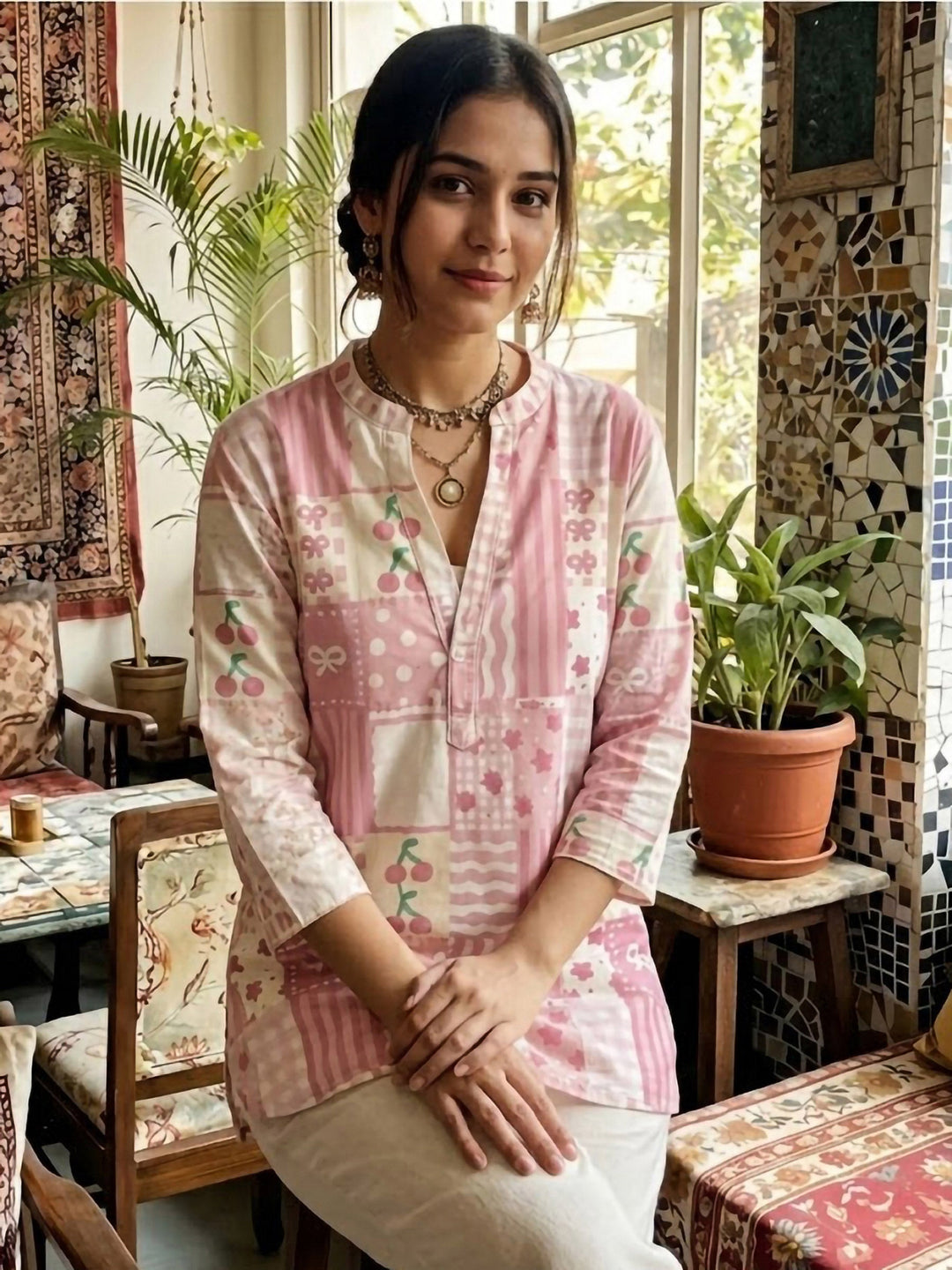 Pink Cotton Blend Printed Kurta