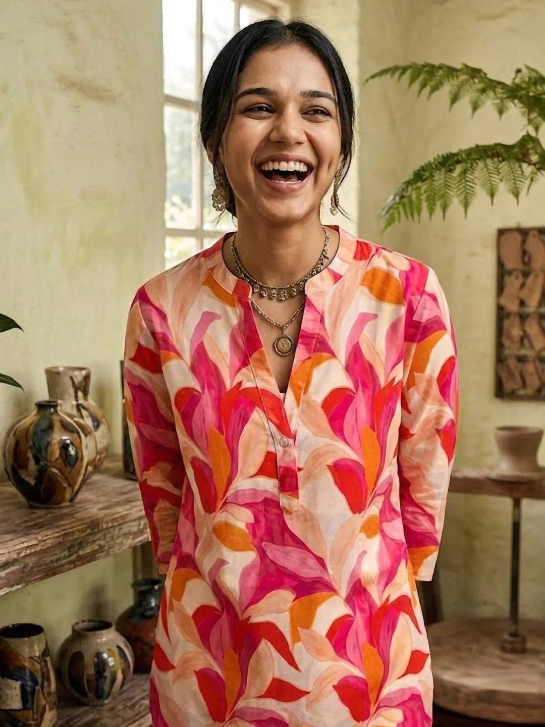 Pink Cotton Blend Printed Kurta
