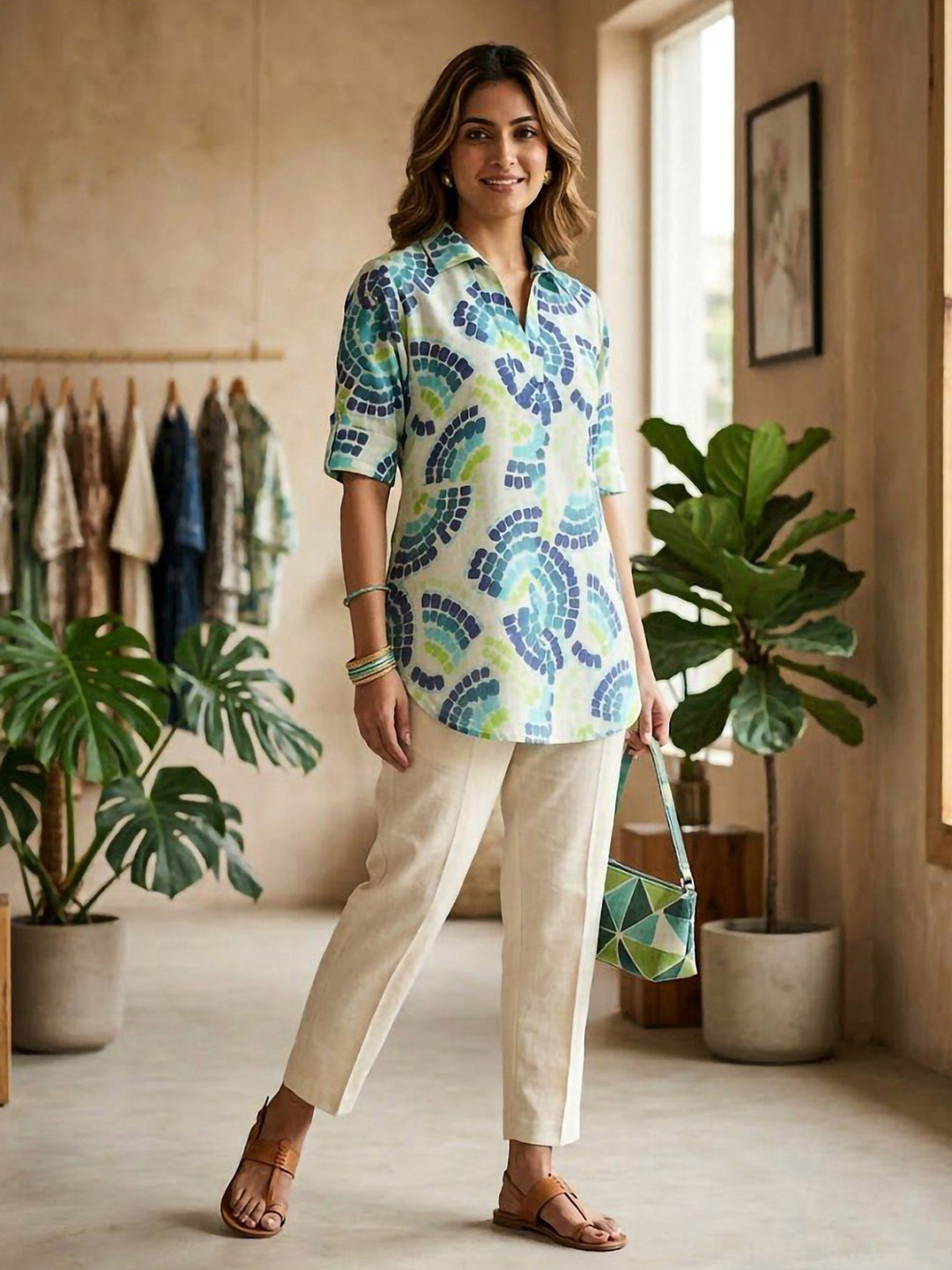Green Cotton Blend Printed Kurta