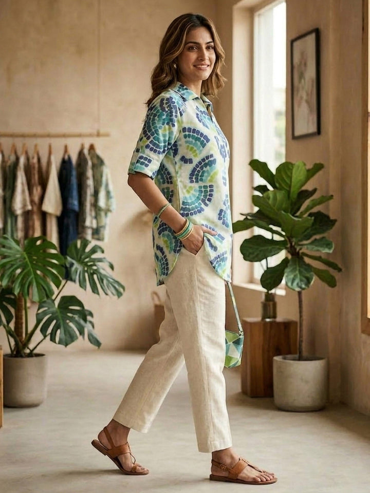 Green Cotton Blend Printed Kurta