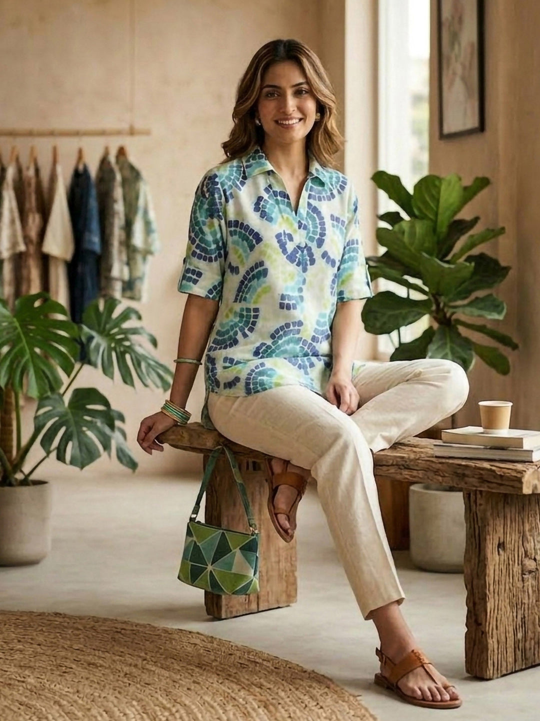 Green Cotton Blend Printed Kurta