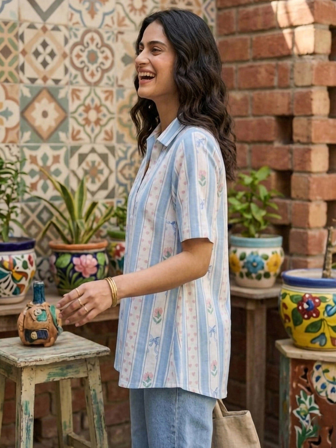 Blue Cotton Blend Printed Kurta