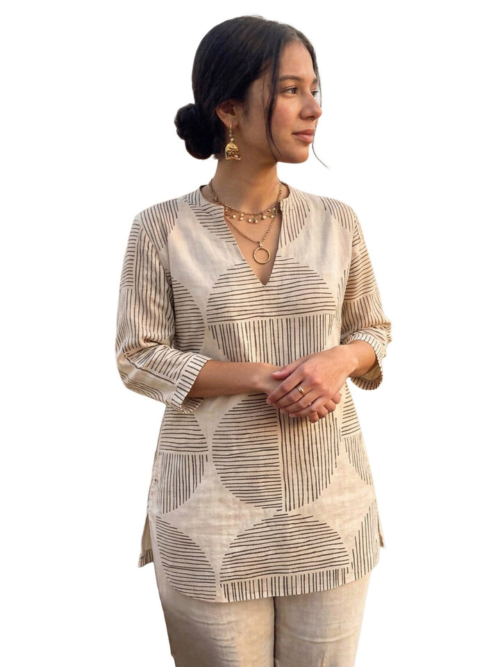 Cream Cotton Blend Printed Kurta