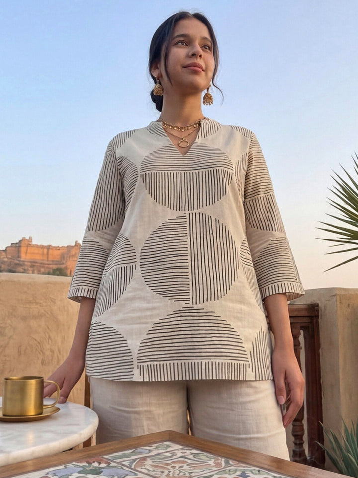 Cream Cotton Blend Printed Kurta