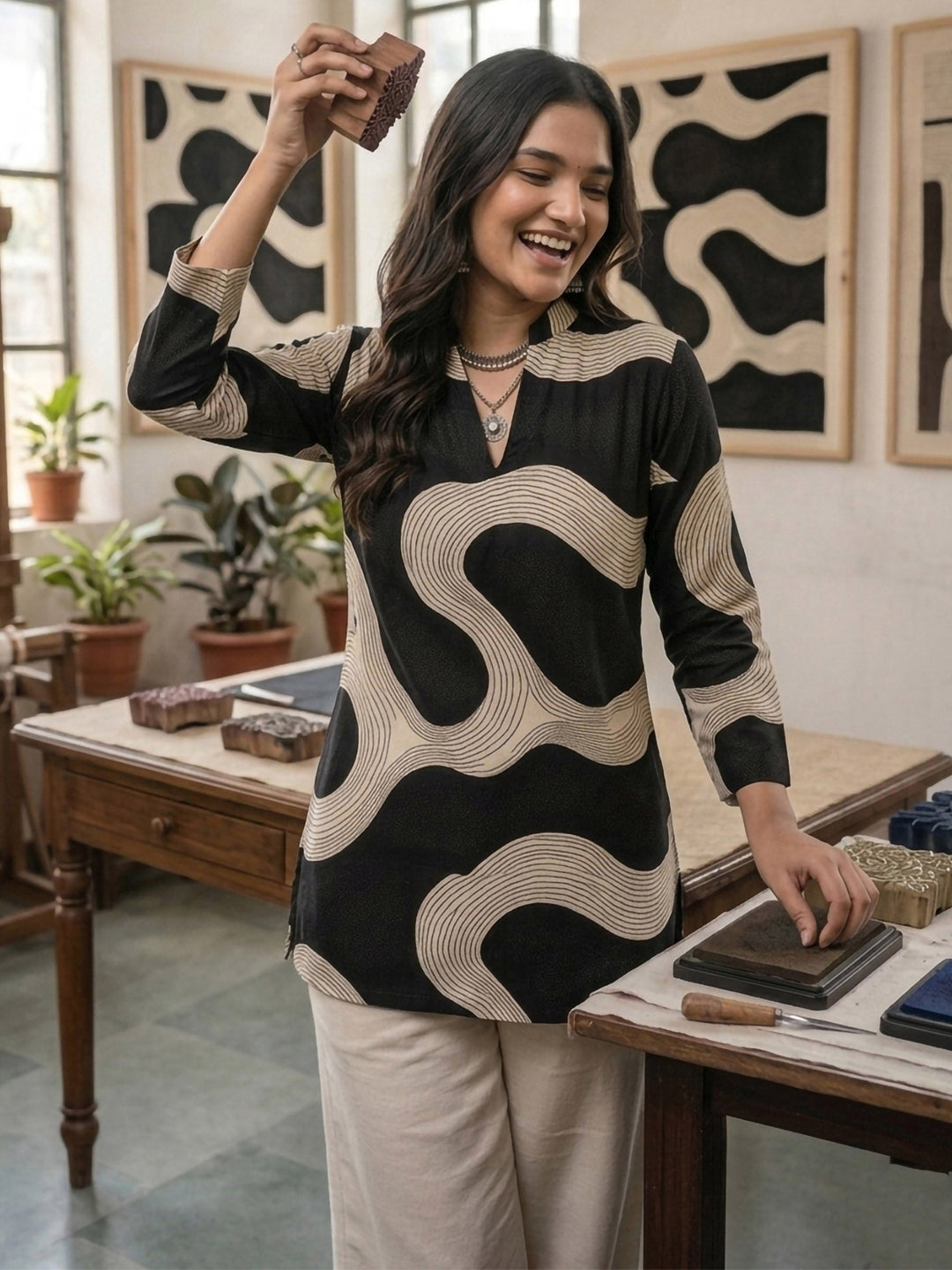 Black Cotton Blend Printed Kurta